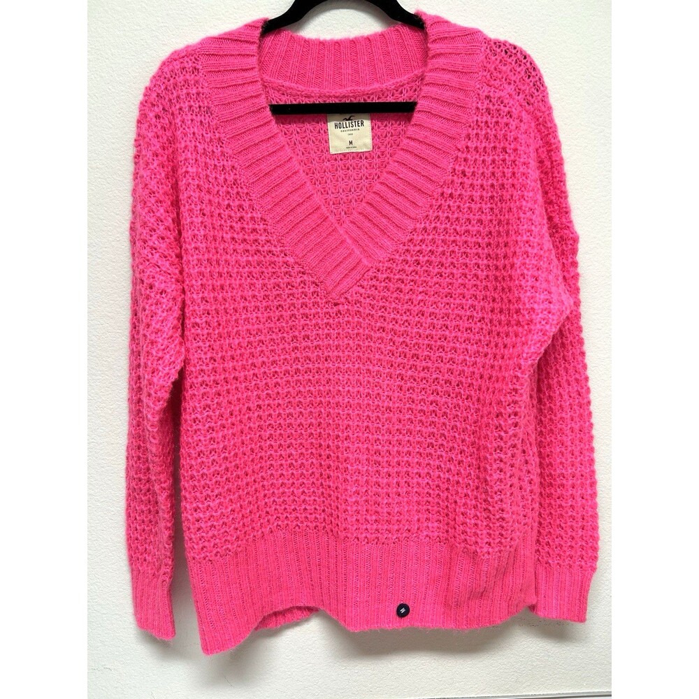 Y2K Hollister Hot Pink Sweater V Neck M Textured Waffle Knit Tunic Barbiecore
